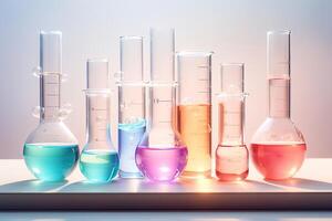 AI generated multicolored glass lab test tubes with different chemical liquids on table photo