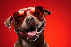 AI generated happy smiling pitbull dog in red sunglasses on a bright red background photo