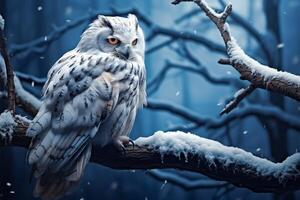 AI generated Enchanting snowscape Snowy owl sits on branch in winter forest photo