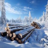 AI generated Winter tranquility Snow covered trees and logs create a peaceful landscape For Social Media Post Size photo