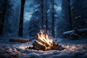 AI generated Winter warmth Bonfire in snowy forest with falling snowflakes photo