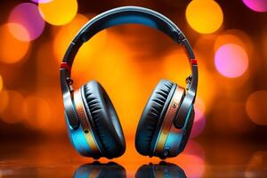 AI generated Musical ambiance Headphones on colored background, designed for music banners photo