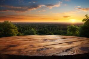 AI generated Natures canvas Wooden table ready for product display at sunset photo