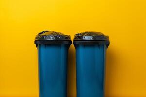 AI generated Eco conscious design Garbage bin on yellow background promotes environmental awareness photo