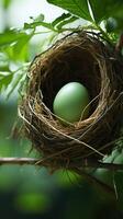 ai generado naturalezas anticipación soltero huevo descansa en un acogedor nido vertical móvil fondo de pantalla foto