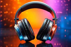 AI generated Audio spectrum Headphones on background create a dynamic music banner photo