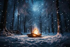 AI generated Nighttime blaze Bonfire illuminates winter forest amid falling snowflakes photo