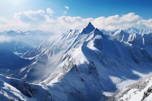 AI generated Mountain majesty Panoramic snowy view from the top of mountains photo