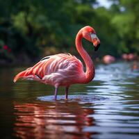 AI generated Water ballet Close up of a beautiful pink flamingo on a lake For Social Media Post Size photo