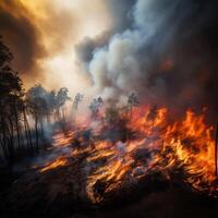 ai generado fuego fatuo intensidad bosque fuego con imponente llamas y grueso fumar para social medios de comunicación enviar Talla foto