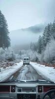 ai generado escarchado soledad brumoso invierno día camioneta escena con texto espacio vertical móvil fondo de pantalla foto