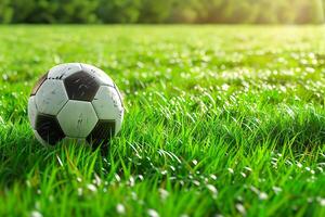 AI generated Soccer ball on a sunlit grass field, 3D rendering concept photo