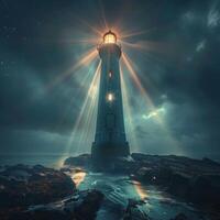 AI generated Enchanting night Mystical light beams from an ancient haunted lighthouse For Social Media Post Size photo