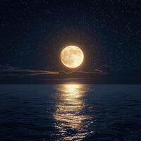 AI generated view Full moon reflected on the sea, stars fill the sky For Social Media Post Size photo