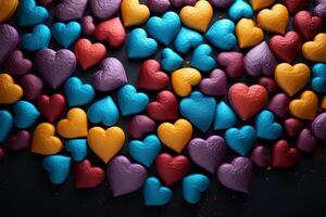 AI generated Romantic texture Colorful heart shaped objects surround a dark textured surface photo