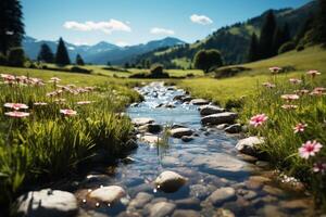 AI generated Natures beauty Clear stream flows through a meadow with wildflowers photo