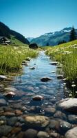 AI generated Natures beauty Clear stream flows through a meadow with wildflowers Vertical Mobile Wallpaper photo