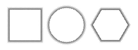 Circle, square and polygon dot frame set. Half tone dots border. Pop art dot gradient frame design. Speech bubble, backdrop. Modern comics book and manga art. Copy space. vector