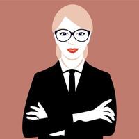 Businesswoman wearing glasses. Standing with crossed arms and a warm smile. Confident and professional. Front view head and chest. Success and positivity. vector