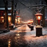 ai generado estacional magia Nevado escena con atmosférico rojo linternas recubrimiento el calle para social medios de comunicación enviar Talla foto