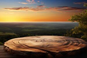AI generated Natures canvas Wooden table ready for product display at sunset photo