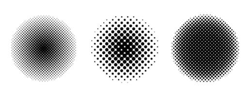 Halftone dotted circle backdrops set . Pop art dot gradient depth and texture. Elements for logos, branding, comics book and packaging. Monochrome minimalist manga style. vector