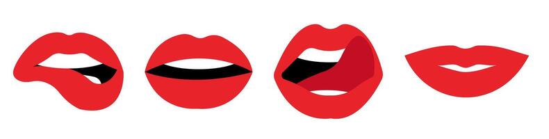 Female lips set. Lips with red lipstick color. Diverse form and expression. Biting lip, opened mouth, lips with tongue, smiling lips. Isolated. vector