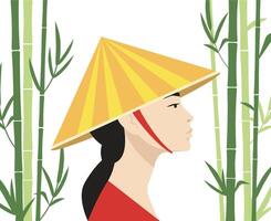 Asian woman profile portrait. Wearing traditional style hat. Green bamboo plants grove on the background. Isolated. vector