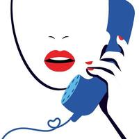 Faceless portrait of woman holding retro telephone handset. Red lips. Opened mouth. Isolated. Simple minimalistic flat style. Element for telecommunication, nostalgia, customer service, call center. vector