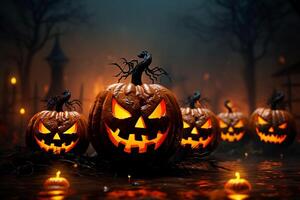 AI generated Spooky illumination Halloween pumpkins with scary faces on fiery background photo