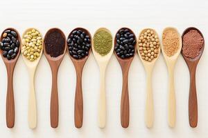 AI generated Organic elements Wooden spoons hold collection of beans and sesame photo