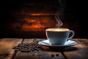 AI generated Morning ritual Coffee cup on wooden table with dark background photo