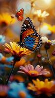 AI generated A symphony of colors Butterflies fluttering around stunning, blossoming flowers Vertical Mobile Wallpaper photo