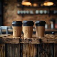 AI generated Coffee culture Wooden table with reusable cups, perfect for text For Social Media Post Size photo