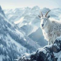 AI generated Winter solitude Snowy mountain goat with empty space for text For Social Media Post Size photo
