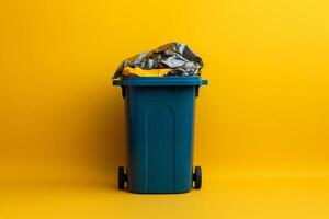 AI generated Eco conscious design Garbage bin on yellow background promotes environmental awareness photo