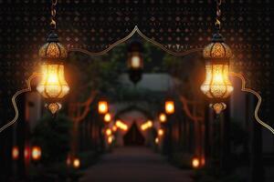 AI generated Lantern casting warm light in a realistic Ramadan background setting photo