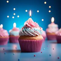 AI generated Festive delight Birthday cupcake with pink cream on blue background For Social Media Post Size photo