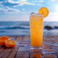 AI generated Orange juice with ice on wooden balcony by the sea For Social Media Post Size photo