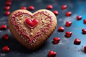 ai generado dulce indulgencia corazón conformado Galleta con Formación de hielo y rojo corazón decoración foto
