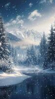 AI generated Winter wonderland Snowfall transforms an alpine forest, text ready backdrop Vertical Mobile Wallpaper photo