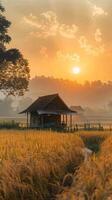 AI generated Rural sunrise Farmers hut stands amidst rice fields along a road Vertical Mobile Wallpaper photo