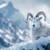 AI generated Majestic presence Mountain goat in the snow, space for text For Social Media Post Size photo