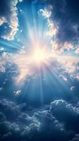 AI generated Heavenly revelation Sunlight pierces cloudy veil, unveiling a tranquil panorama Vertical Mobile Wallpaper photo