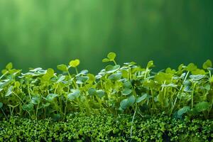 AI generated Fresh and vivid Microgreens displayed on a vibrant green surface photo