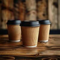 AI generated Coffee culture Wooden table with reusable cups, perfect for text For Social Media Post Size photo