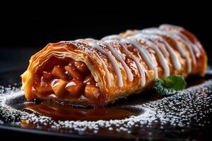 AI generated Irresistible treat Apple strudel on dark background with text space photo