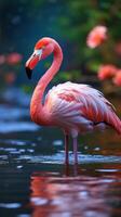 AI generated Flamingo serenity Pink flamingo in a close up water scene Vertical Mobile Wallpaper photo