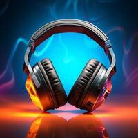 AI generated Audio spectrum Headphones on background create a dynamic music banner For Social Media Post Size photo