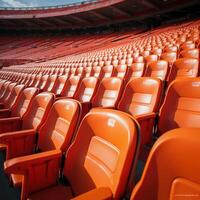 AI generated Soccer anticipation Empty orange seats await fans at stadium rows For Social Media Post Size photo